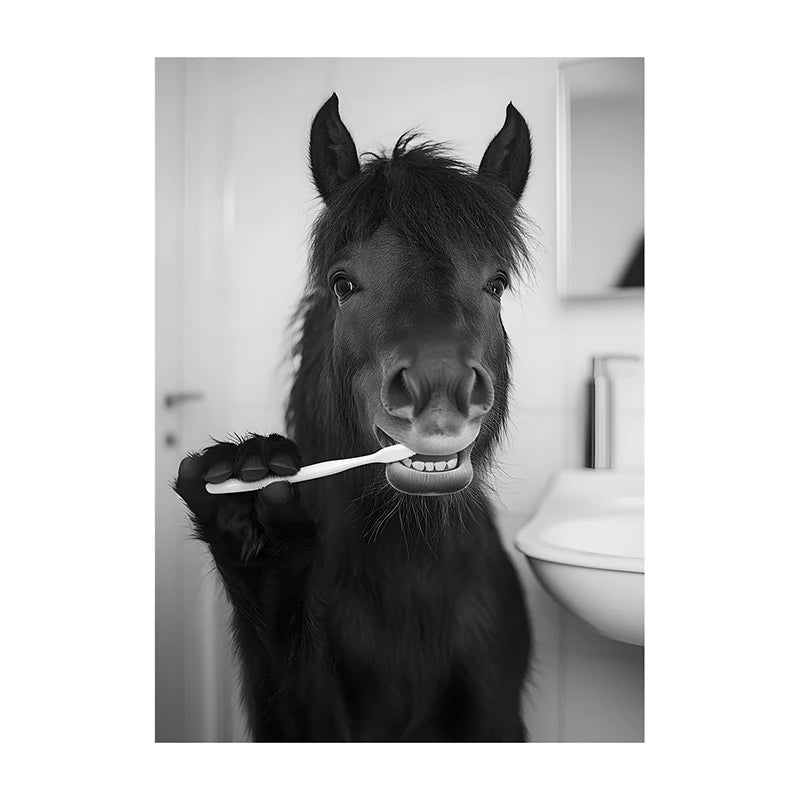 Black White Funny Bathroom Brushing Teeth Poster Vintage Style Animal Canvas Painting Print Wall Art Picture for Home Decoration