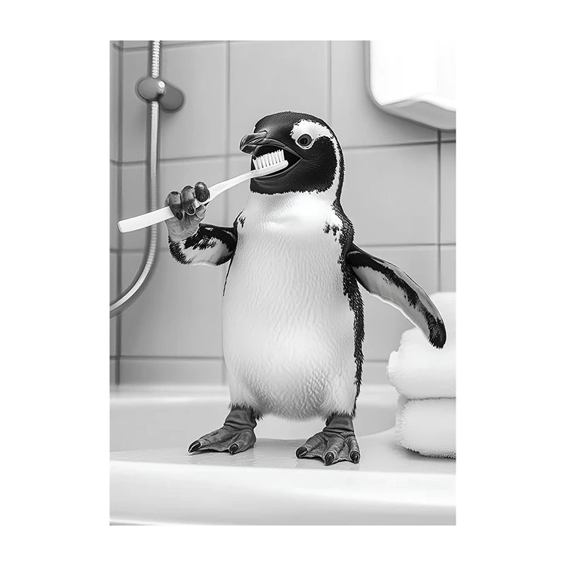 Black White Funny Bathroom Brushing Teeth Poster Vintage Style Animal Canvas Painting Print Wall Art Picture for Home Decoration