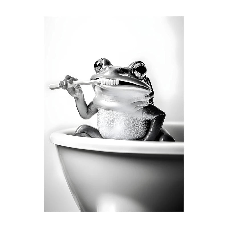 Black White Funny Bathroom Brushing Teeth Poster Vintage Style Animal Canvas Painting Print Wall Art Picture for Home Decoration