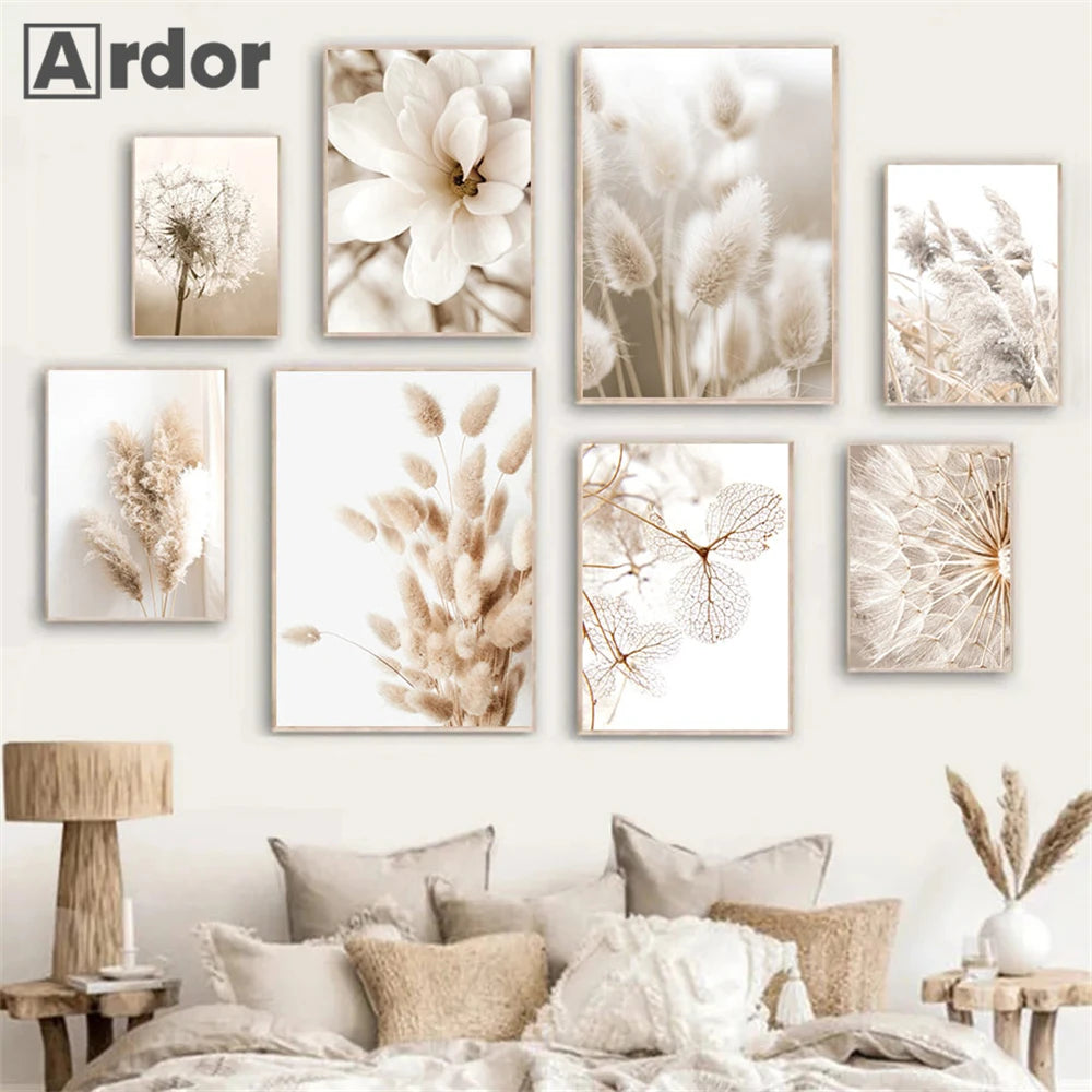 Nordic Beige Dandelion Painting Poster Reed Canvas Art Print Flower Posters Bunny Tail Grass Wall Art Picture Living Room Decor