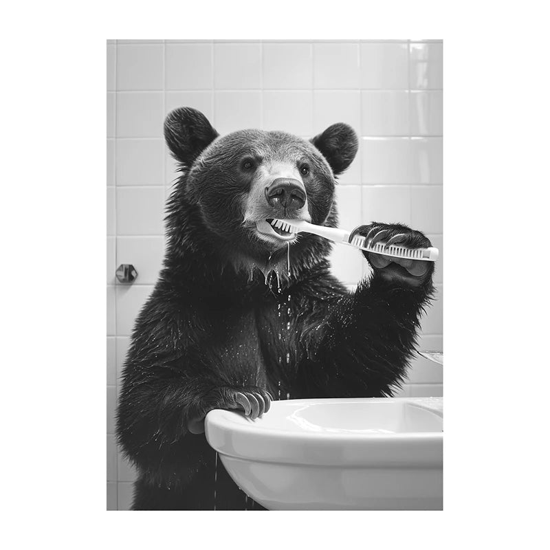 Black White Funny Bathroom Brushing Teeth Poster Vintage Style Animal Canvas Painting Print Wall Art Picture for Home Decoration