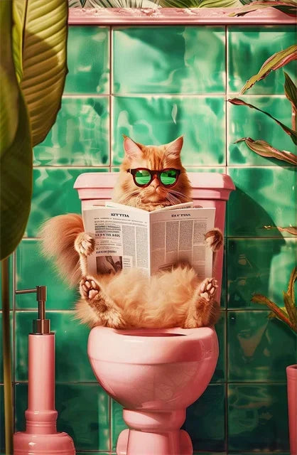 Funny Cat on Toilet Wall Art Cat Reading Newspaper Canvas Posters Print Picture for Home Bathroom Living Room Decor No Frame