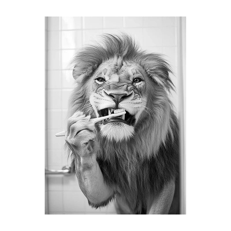 Black White Funny Bathroom Brushing Teeth Poster Vintage Style Animal Canvas Painting Print Wall Art Picture for Home Decoration