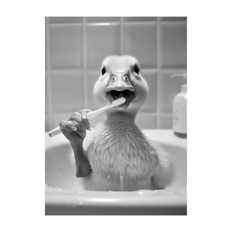 Black White Funny Bathroom Brushing Teeth Poster Vintage Style Animal Canvas Painting Print Wall Art Picture for Home Decoration