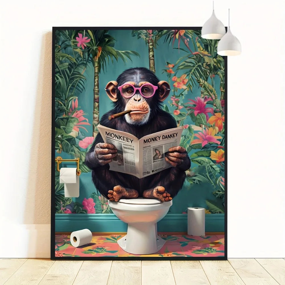 A Frameless Funny Gorilla Reading A Newspaper on The Toilet Canvas Painting for The Art Decoration of The Toilet Bathroom Wall