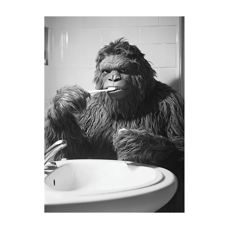 Black White Funny Bathroom Brushing Teeth Poster Vintage Style Animal Canvas Painting Print Wall Art Picture for Home Decoration