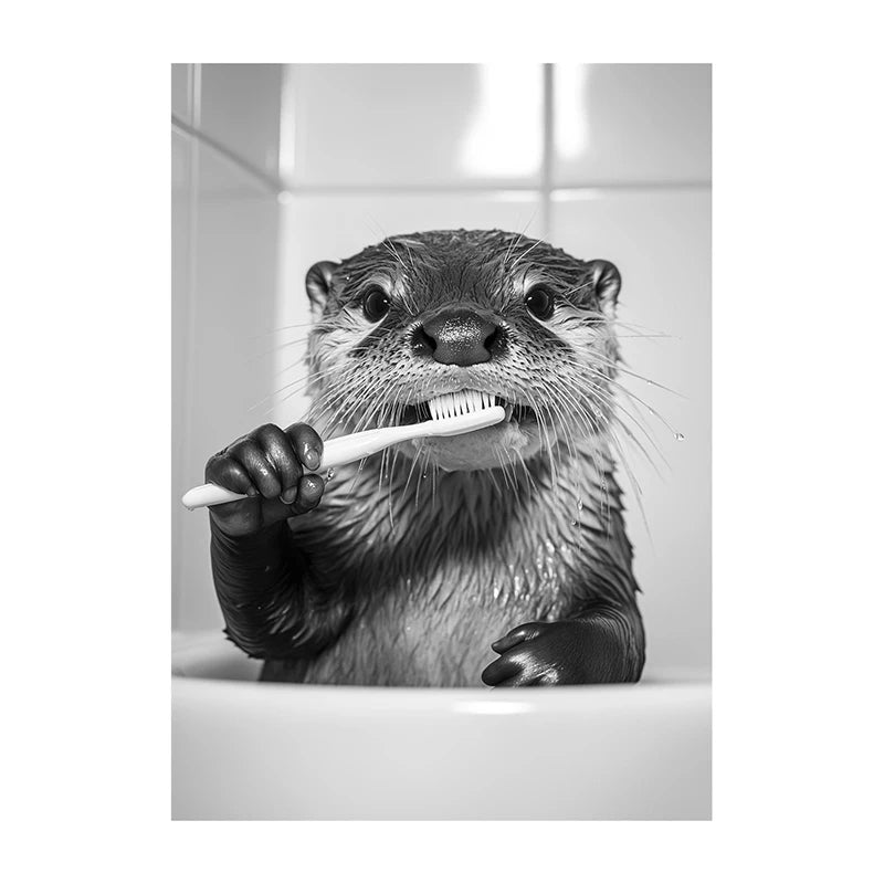 Black White Funny Bathroom Brushing Teeth Poster Vintage Style Animal Canvas Painting Print Wall Art Picture for Home Decoration